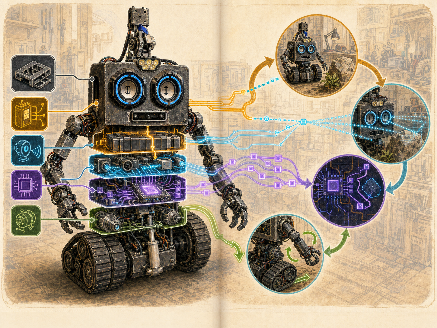 Illustration of ROB with symbolic structure, energy, sensing, computing, motion, and feedback pathways.
