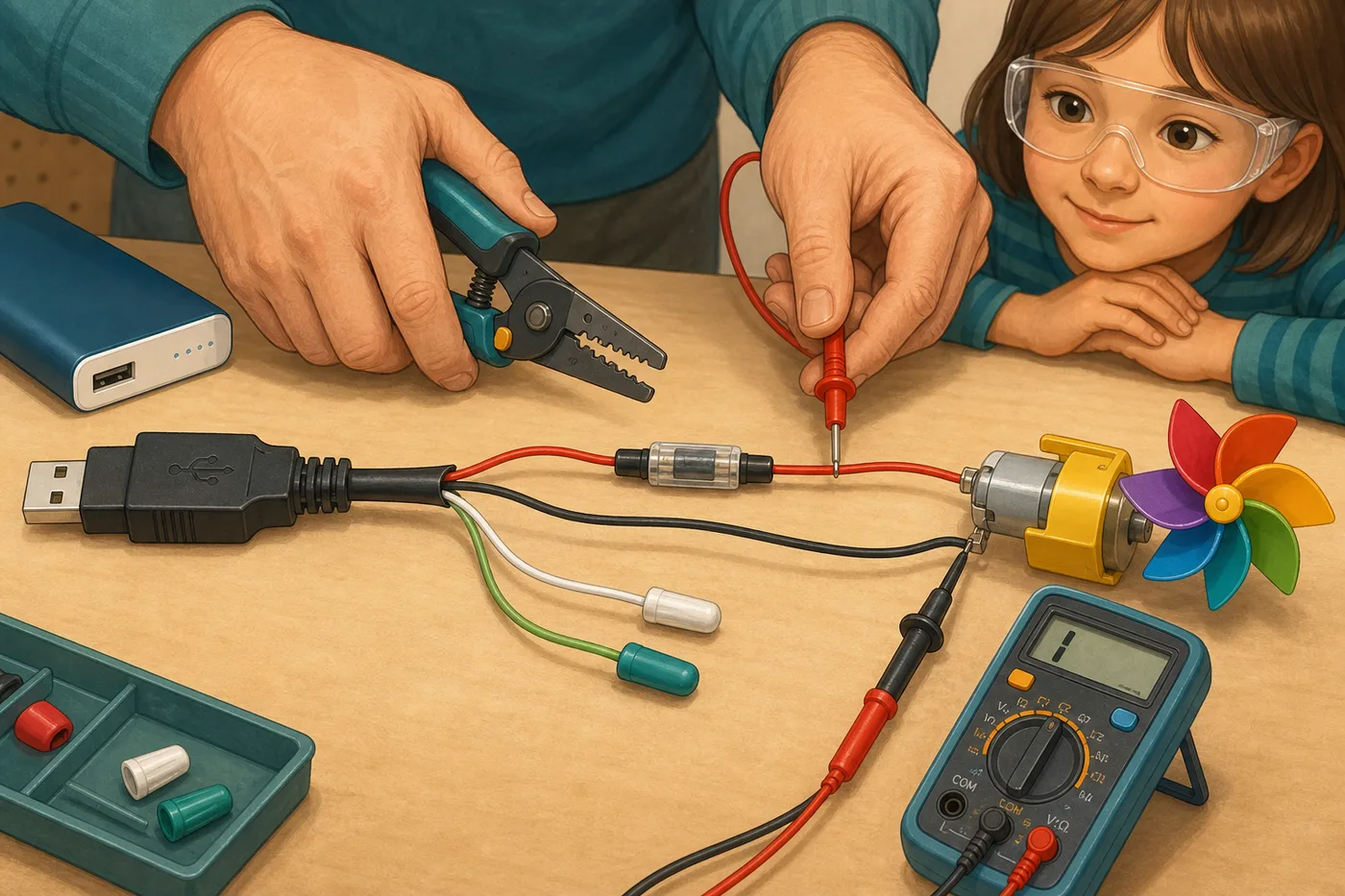 An adult mentor prepares an unplugged USB cable while a child in safety glasses observes; the red and black power conductors lead toward a protected toy motor while the green and white data conductors are capped.