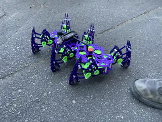 Purple-and-green multi-legged robot crouches on the pavement beside a visitor's shoe.