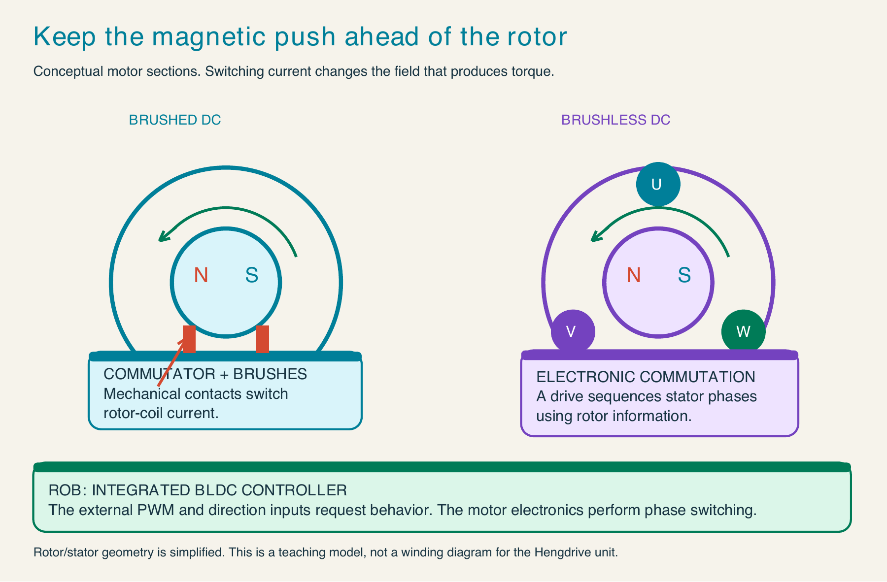 Conceptual brushed and brushless motor sections show mechanical brush commutation and electronically switched stator phases.