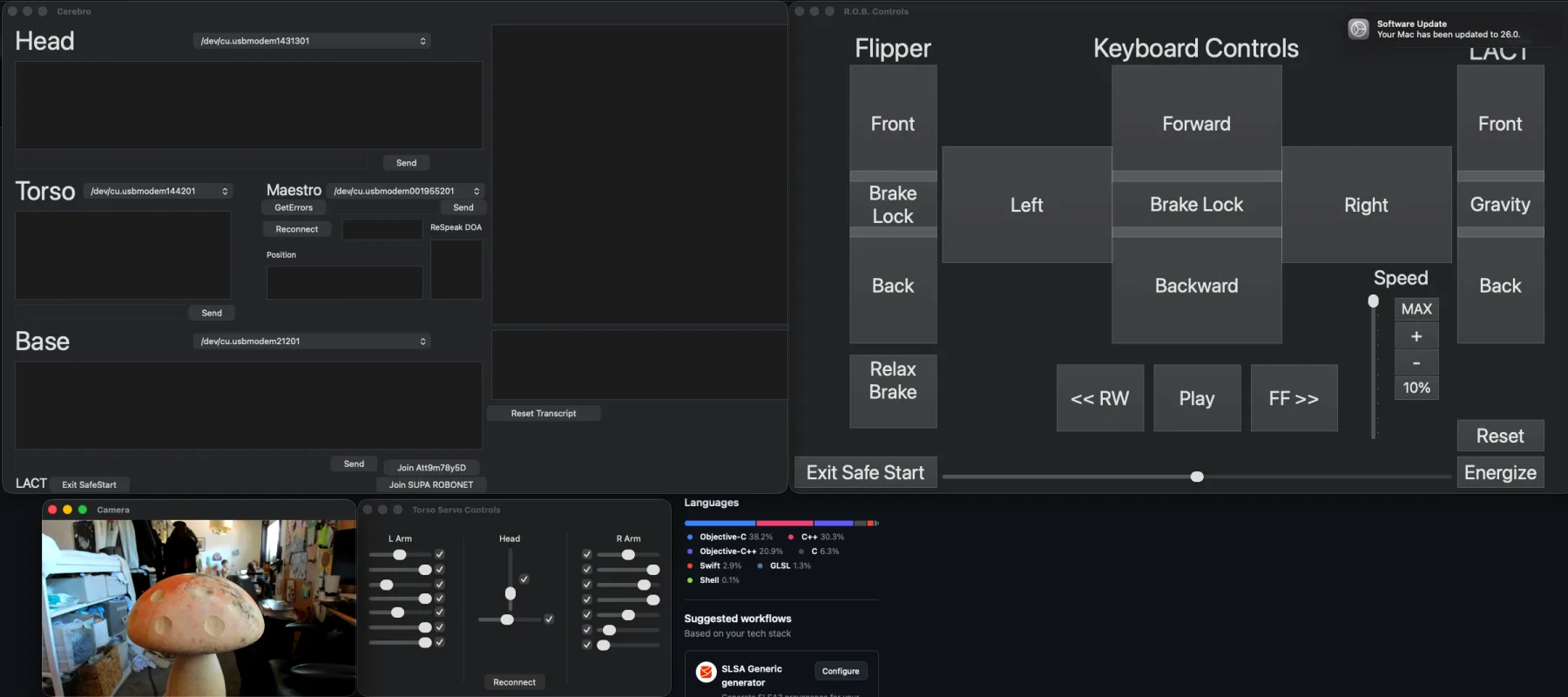 Actual Cerebro macOS engineering console showing hardware terminals, manual controls, a camera view, and servo controls