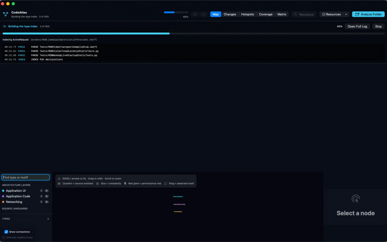 CodeAtlas showing analysis progress and timestamped per-file console output while indexing the Cerebro robotics project