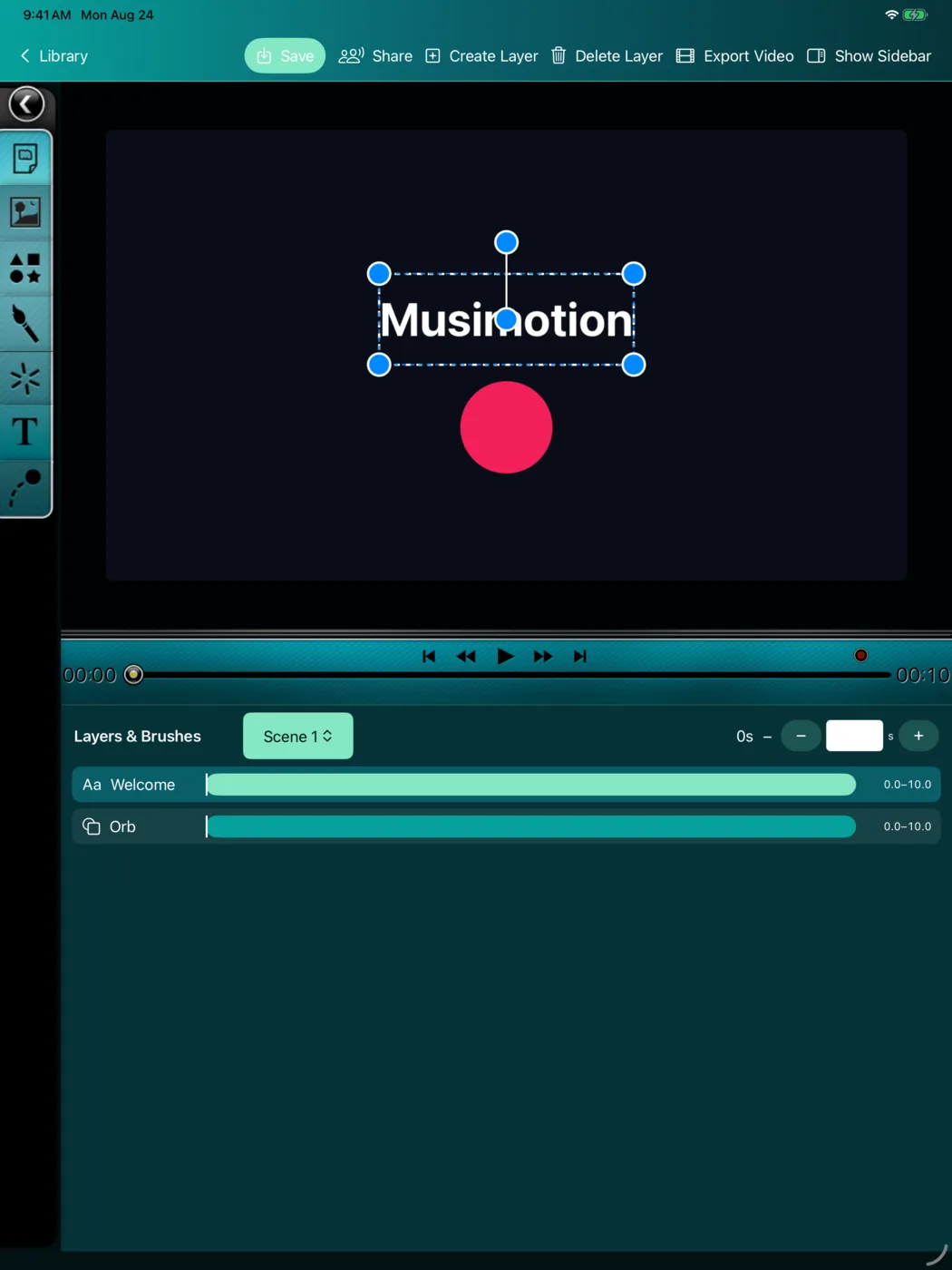 Musimotion editor with a title, shape, layer timeline, and centered playback controls