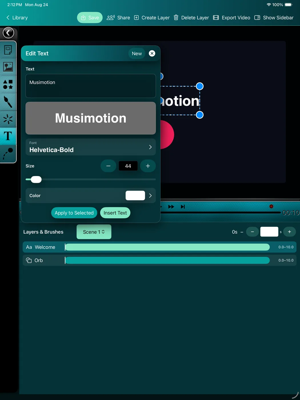 Musimotion text formatting controls over the scene editor