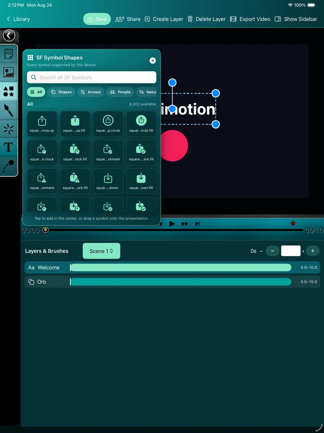 Musimotion shape and SF Symbol browser over the scene editor