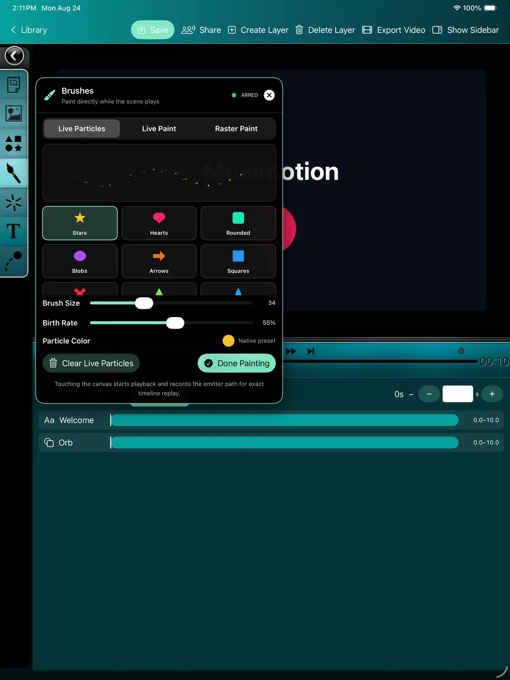 Musimotion live brush picker showing expressive paint styles