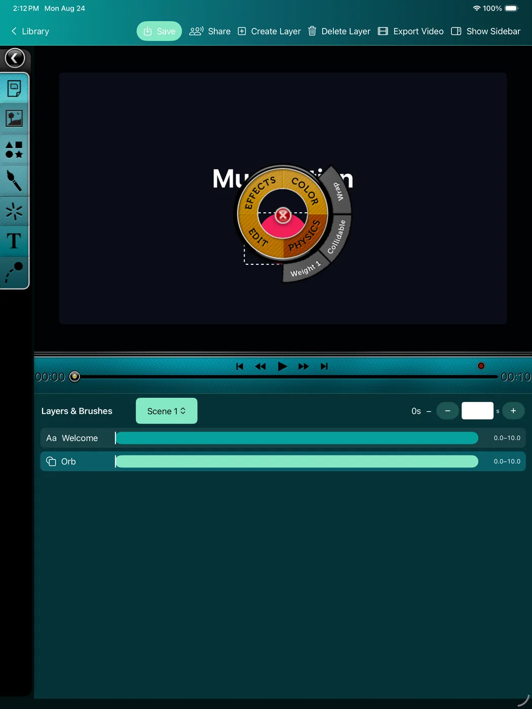 Musimotion radial menu with physics controls around a selected object