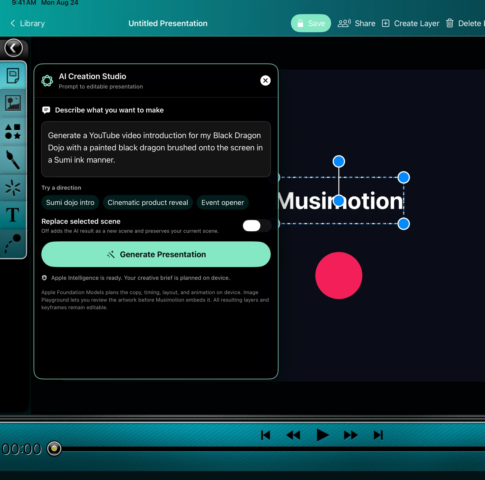 Actual Musimotion AI Creation Studio showing a Sumi dojo prompt, creative directions, replace-scene control, and Generate Presentation button