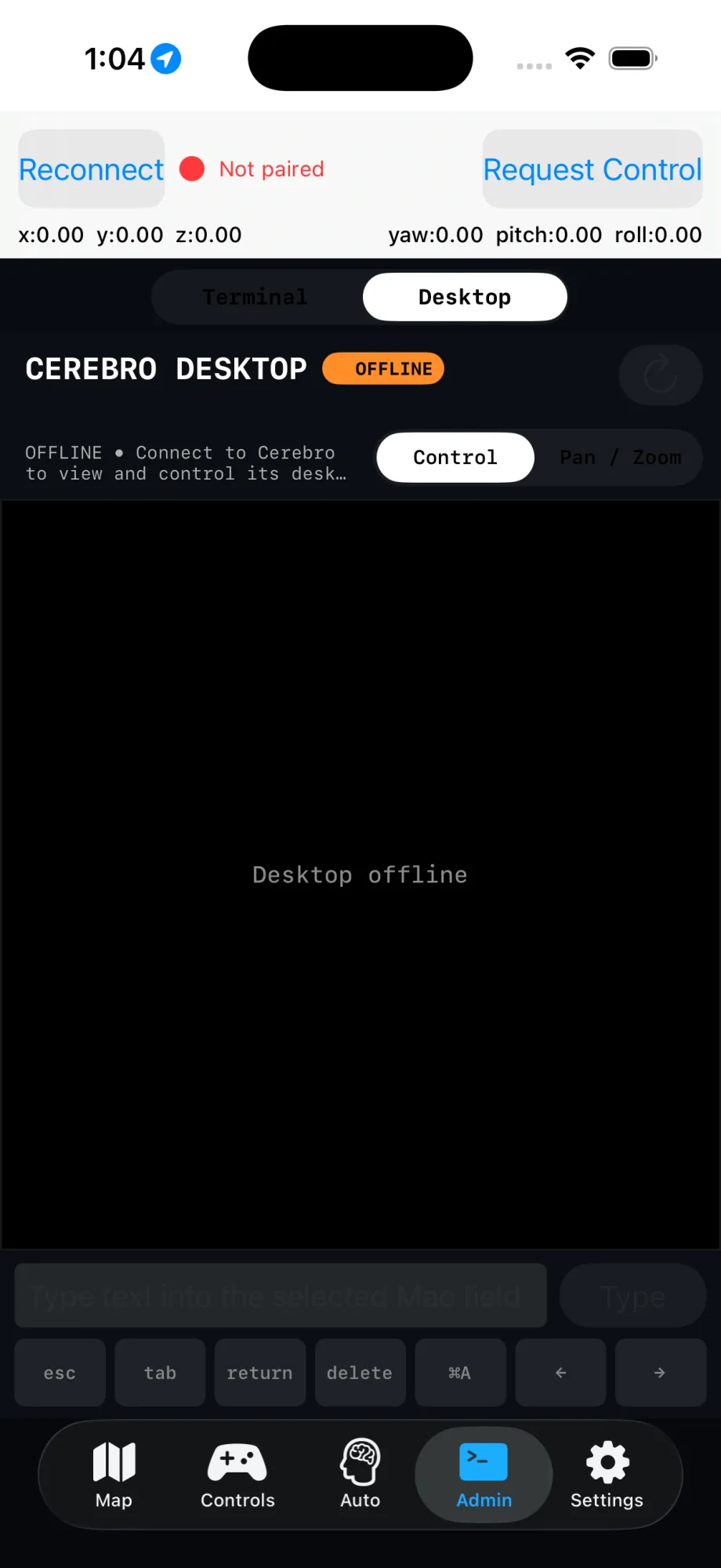 Current portrait ROBController Admin workspace showing the Cerebro Desktop tab, offline state, control and pan-zoom modes, keyboard controls, and redesigned bottom navigation