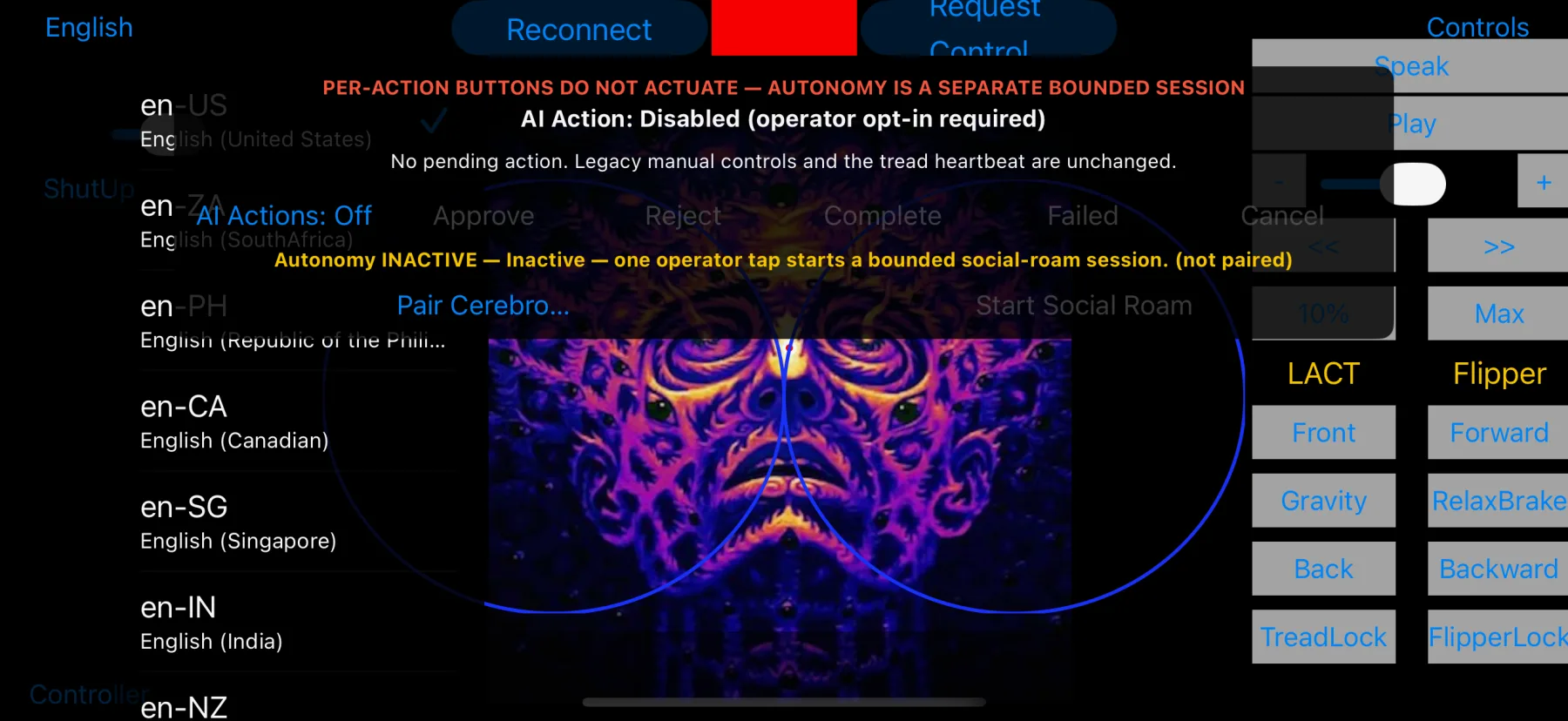 Actual ROBController simulator showing the AI action safety banner, approval controls, bounded autonomy status, language menu, and manual command deck