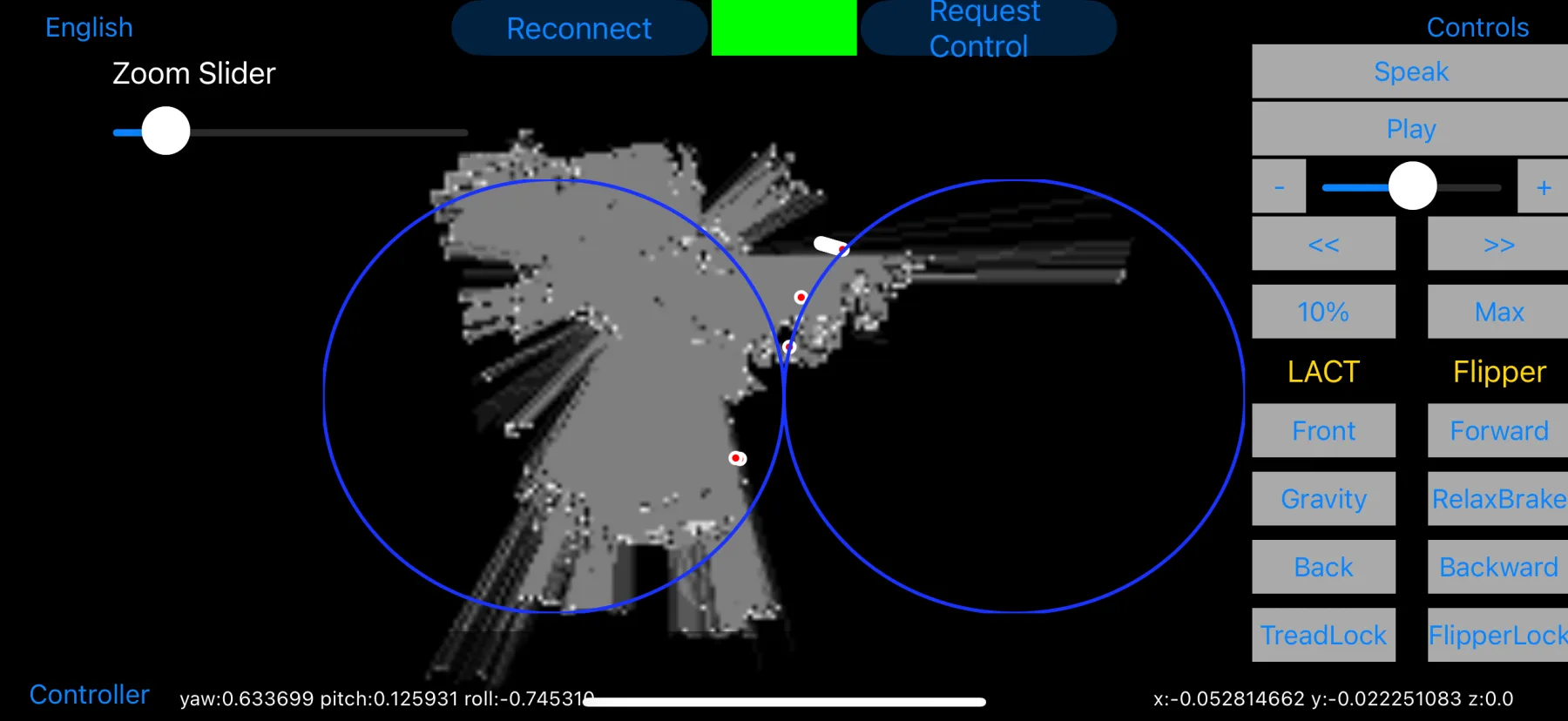 Actual ROBController iPhone interface showing dual touch control zones, motion telemetry, and direct robot controls
