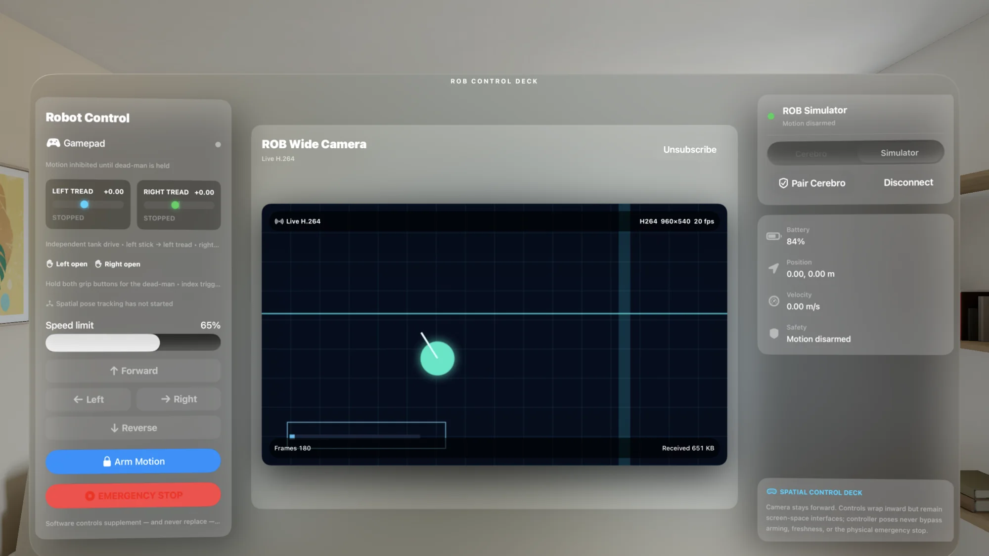 Actual ROBControllerVision app running in Apple Vision Pro Simulator, showing the three-panel ROB Control Deck and active synthetic H.264 stream