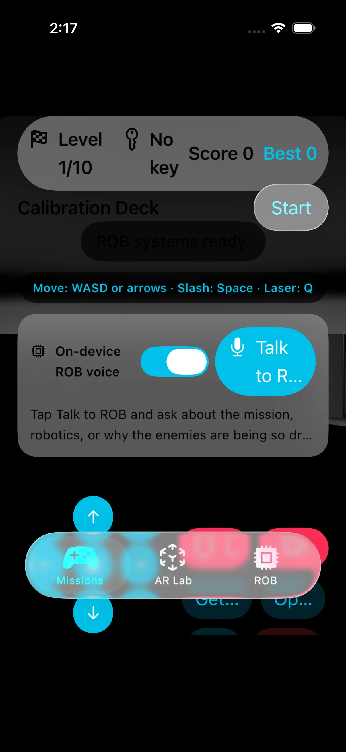 ROB Training iPhone mission screen showing level one of ten, score, key state, keyboard controls, ROB Voice, tread controls, laser and saber actions.