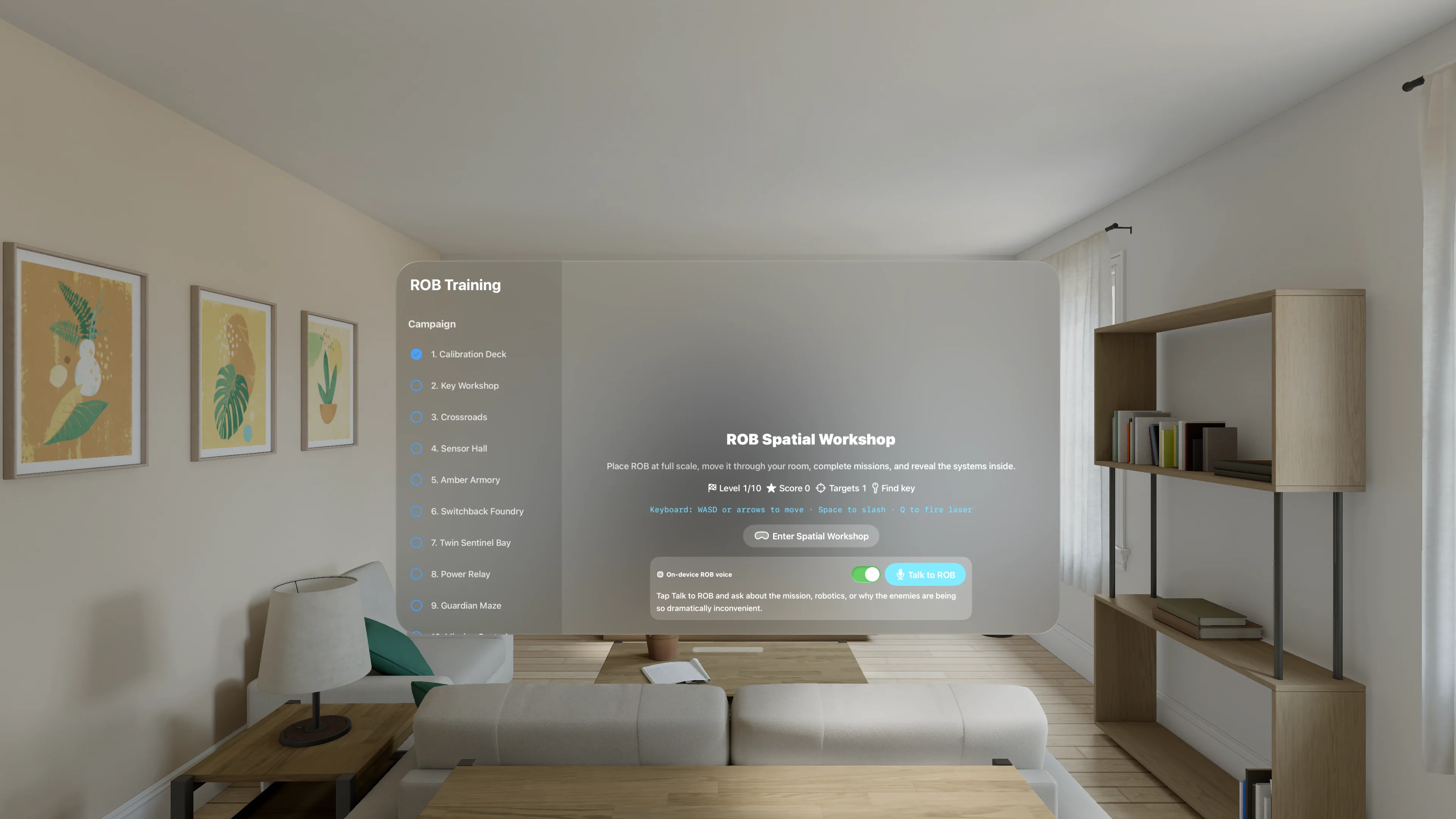 ROB Training running in the Apple Vision Pro simulator, with its ten-level campaign and Spatial Workshop dashboard floating in a furnished room.