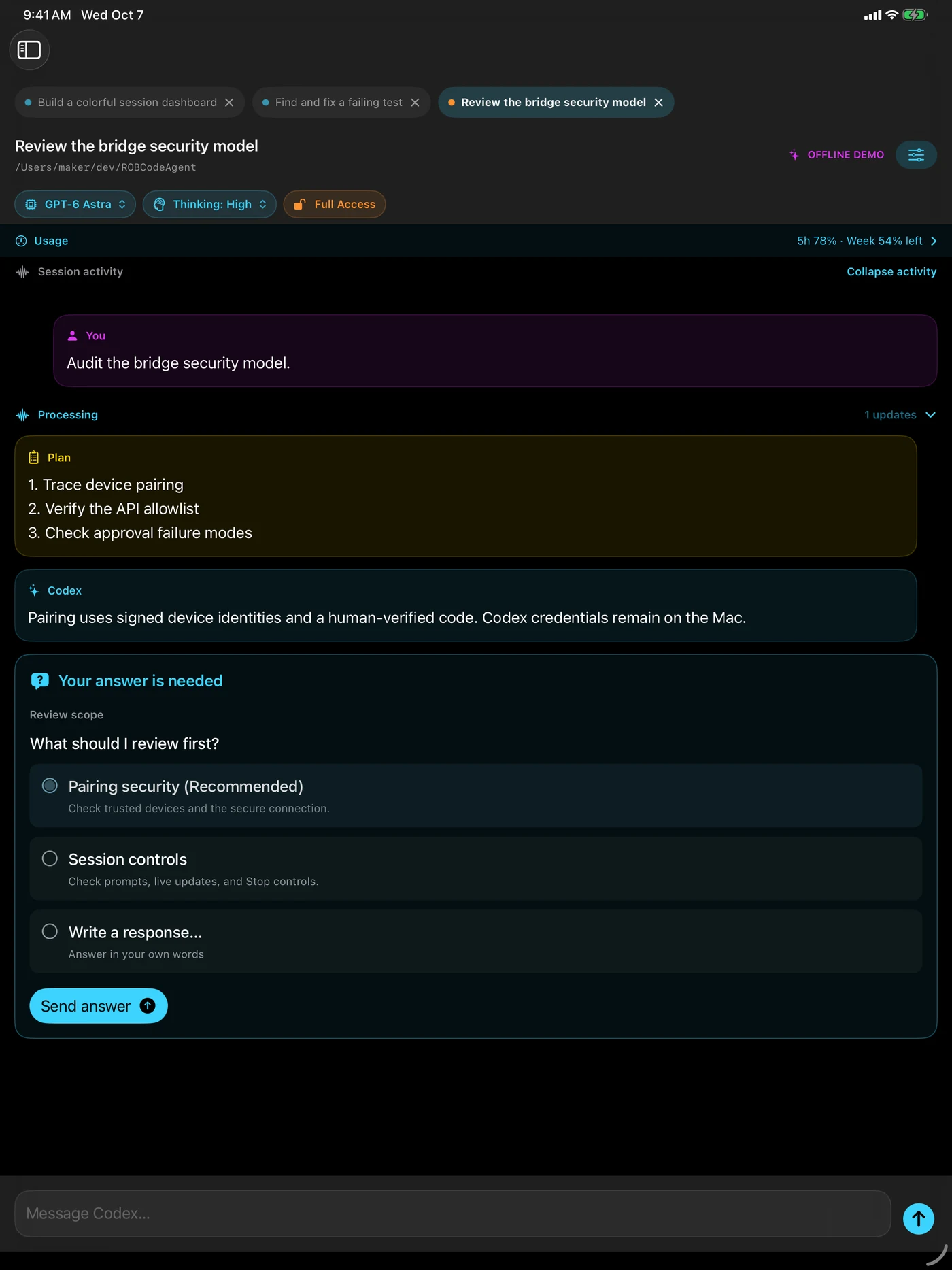 ROBCodeAgent on iPad with a direct question card in the selected session and the option to write a custom answer