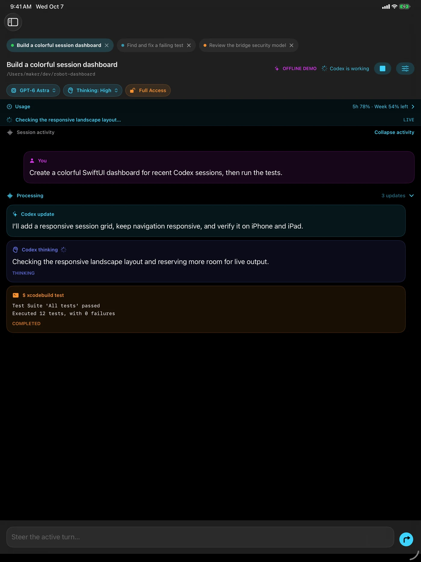 ROBCodeAgent on iPad showing simultaneous sessions, GPT-6 Astra and thinking-depth controls, expanded Processing groups, live progress, and command output