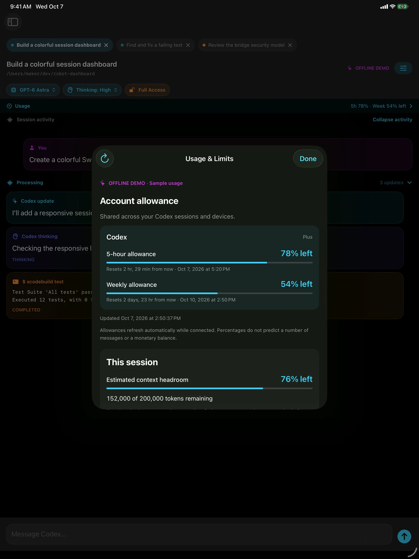 ROBCodeAgent Usage and Limits on iPad separating account allowances from session token totals and context capacity