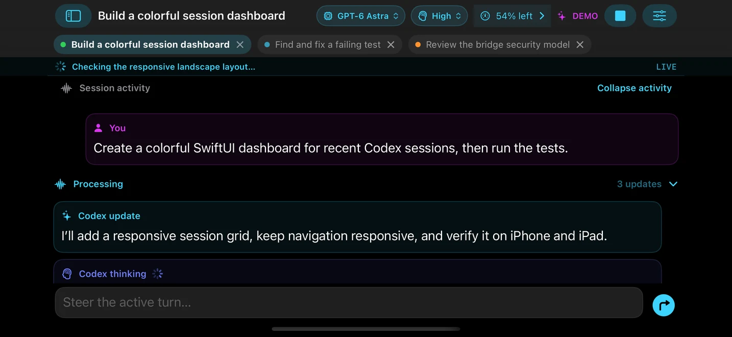 ROBCodeAgent filling an iPhone landscape screen with GPT-6 Astra and thinking-depth menus, expanded Processing groups, live progress, and a compact translucent composer