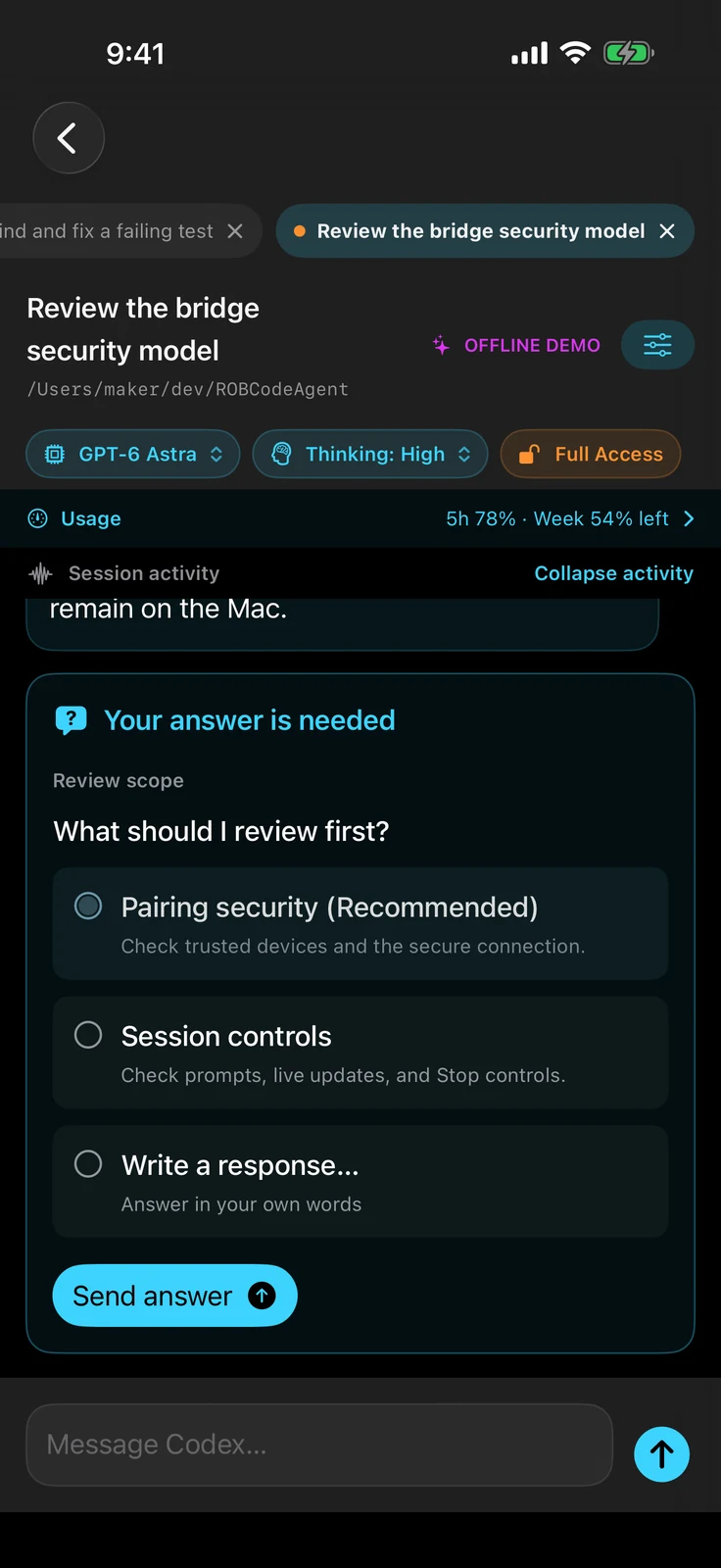ROBCodeAgent on iPhone showing a question with two selectable answers, a final Write a response option, and a Send answer button