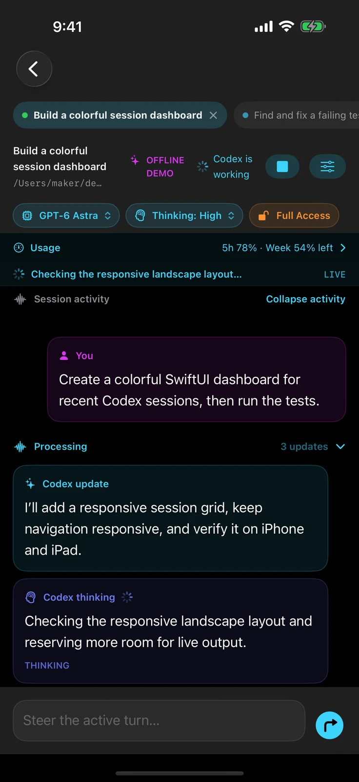 ROBCodeAgent on iPhone showing GPT-6 Astra, Thinking High, expanded Processing groups, commentary, thinking summaries, and command output
