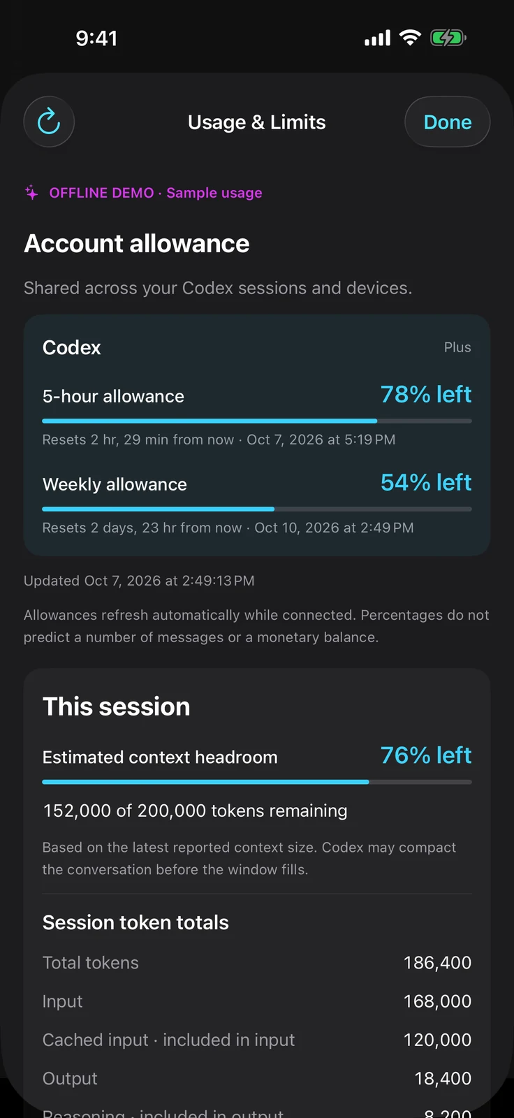 ROBCodeAgent Usage and Limits on iPhone showing sample remaining allowances, reset times, and estimated session context headroom
